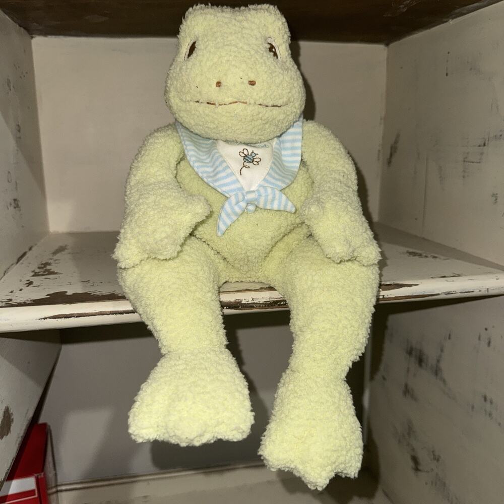 Bunnies by the Bay Tadbit plush beanbag frog green baby toy blue white gingham